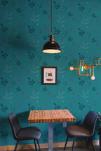 Papel de parede floral teal com folhas e bagas — imagem 3