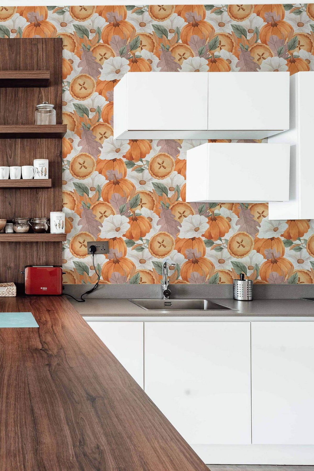 Papel de parede abóboras e flores estilo campestre