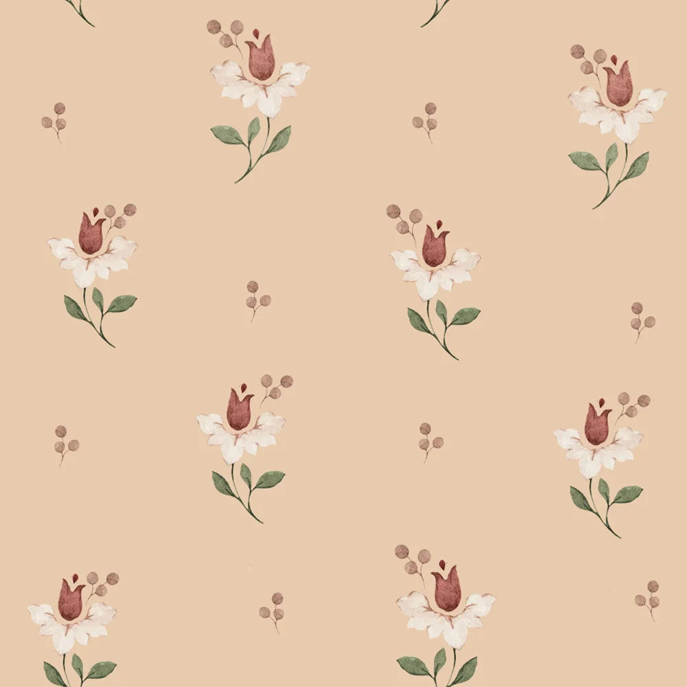 Pequenas flores em tons de rosa, amarelo e bege num papel de parede de estilo vintage